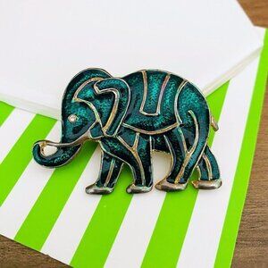 Vintage Enamel Elephant Brooch Pin Green and Gold Tone